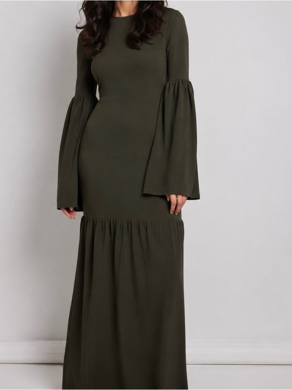 Olive Brown Bell-Sleeve Knit Maxi Dress
